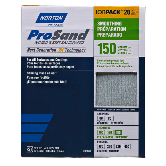 NORTON SAINT-GOBAIN ProSand Premium Job Pack Abrasive Sheet, Next Generation of 3X Technology, Fiber Backing, Aluminum Oxide, (Pack of 20), Blue, 9" x 11" (2639)