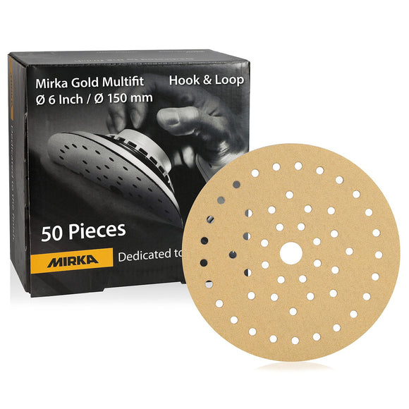 Mirka Gold Multifit 6'' Sandpaper Hook and Loop, 50 Pack 6 inch Sanding Discs for Orbital Sander, Sand Paper Pads for Wood, Drywall, Metal
