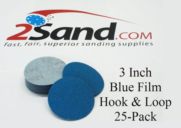 2SAND 3 inch Blue Film Backed Hook and Loop Sanding Discs - 25 pack
