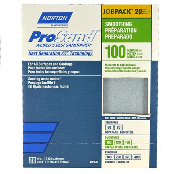 NORTON SAINT-GOBAIN ProSand Premium Job Pack Abrasive Sheet, Next Generation of 3X Technology, Fiber Backing, Aluminum Oxide, (Pack of 20), Blue, 9" x 11" (2639)